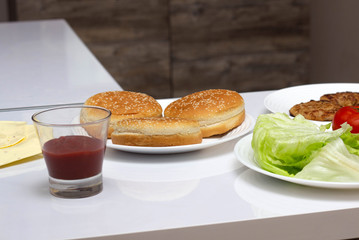 ingredients for making fast food burgers and hamburgers at home, close-up