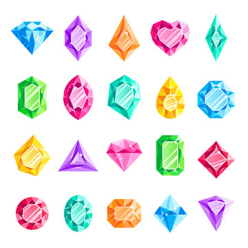 Jewels gems. Jewelry diamond, jewel heart crystal gem and diamonds gemstone isolated vector illustration set