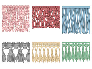 Garment fringe. Ruffle seam trim, raw textile edge and tassel braid ruffles isolated seamless patterns illustration set - obrazy, fototapety, plakaty