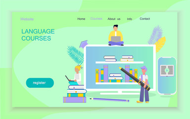 The web page design templates for language courses, e-learning, online education is shown. Modern vector illustration concepts for website and mobile website development, apps is presented.