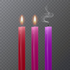 Realistic candles of bright colors, Burning candles on dark background, vector illustration