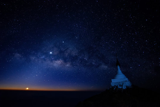 Milky Way Galaxy Mulayit taung pagoda on top of the mountain, the pagoda located in Kayin State Myanmar