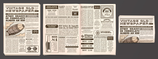 Vintage newspaper mockup. Retro newsprint pages, tabloid magazine and old news isolated 3D vector template - obrazy, fototapety, plakaty