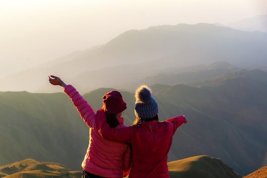 Hiker Woman Feeling Victorious Facing On The Mountain, Thailand. Travel Concept