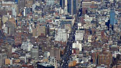 The streets and buildings of Manhattan New York from above
