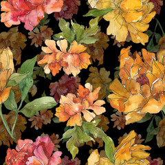Yellow and red peony floral botanical flower. Watercolor background illustration set. Seamless background pattern.