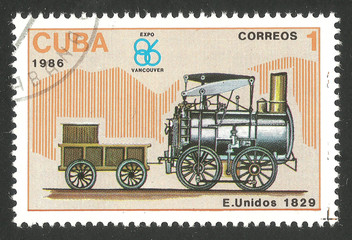 Fototapeta na wymiar Cuba - CIRCA 1986: Stamp printed by Cuba, Multicolor memorable edition offset printing on the topic of railway, series devoted Locomotives, shows Stourbridge Lion 1829