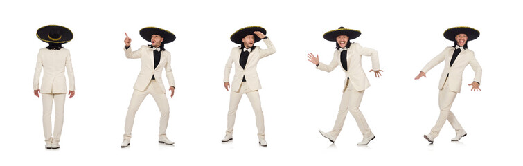 Funny mexican in suit and sombrero isolated on white