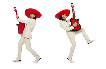 Funny mexican in suit holding guitar isolated on white