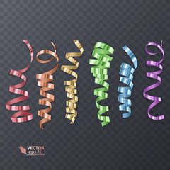Set of shiny colorful ribbons on transparent background, decoration for Christmas card design. Vector eps 10 illustration.