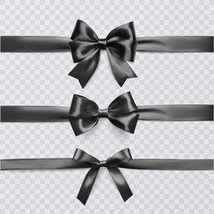 Set of decorative black bows with horizontal ribbon isolated on transparent background, bow and ribbon for gift decor, vector illustration