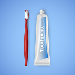 Realistic Red Toothbrush and Toothpaste on Blue Background, Vector illustration