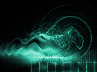 Wave propagation in space, burst of energy, abstract green 3d illustration in perspective.