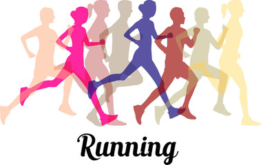 Silhouettes of people with different colors running with the word running underneath