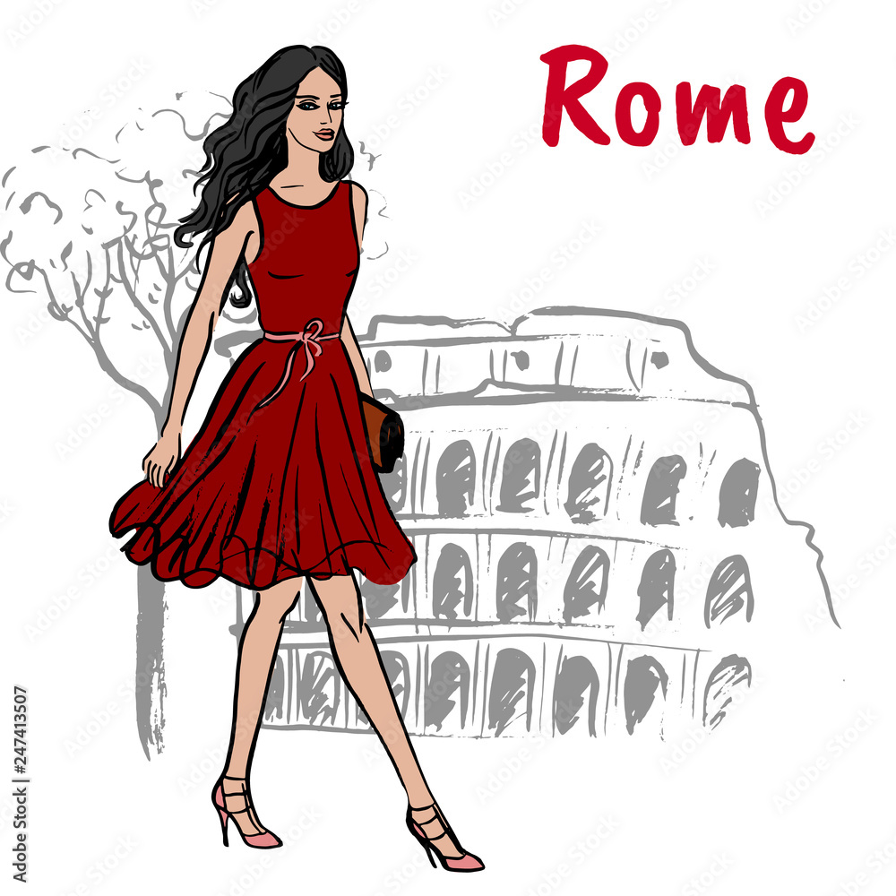 Canvas Prints Fashion sketch of beautiful woman in Rome