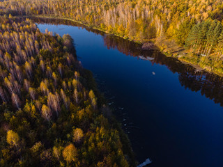Fototapeta na wymiar beautiful view from the drone to the lake in the forest, autumn day, multicolor trees, bright. outdoor recreation concept, in the countryside, barbecue fishing and camping
