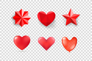 Red hearts and stars isolated on transparent background