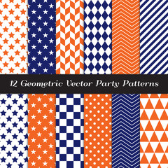 Fototapeta premium Navy Blue, Orange and White Geometric Vector Patterns. Herringbone, Harlequin, Triangles, Chevron, Dots, Checks, Stars & Stripes Print Backgrounds. Repeating Pattern Tile Swatches included.