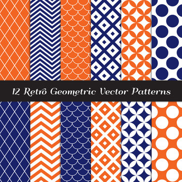 Navy Blue, Orange and White Retro Geometric Vector Patterns. Elegant Backgrounds in Chevron, Quatrefoil, Jumbo Polka Dot, Diamond Lattice and Scallops. Repeating Pattern Tile Swatches included.