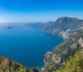 Aerial view of Positano town and Amalfi coast  from hiking trail "Path of the Gods".