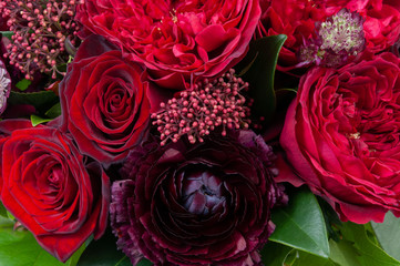 Elite red bouquet of beautiful luxury flowers, close-up
