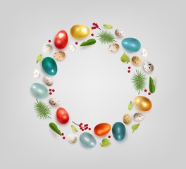 Easter wreath colorful realistic chicken eggs quail eggs flowers leaves berry
