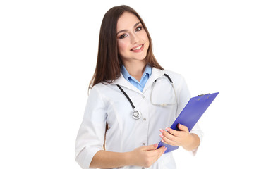 Young doctor with stethoscope and clipboard on white background