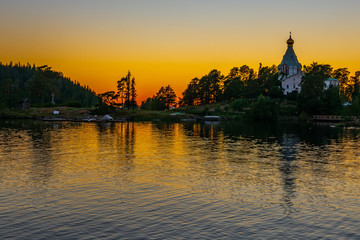 Sunset over the island of Valaam, Nikolsky skit_1. The wonderful island Valaam is located on Lake Lodozhskoye, Karelia. Balaam - a step to heaven