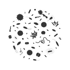 Black background with different dangerous viruses and bacteria. Vector illustration for web design and print