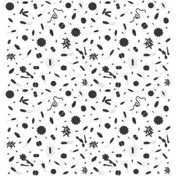 Seamless background with different types of bacterias on white background. Simple black bacterias pattern for your design. Vector illustration