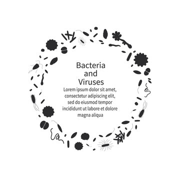 Simple black background with different dangerous viruses and bacteria. Template with text for web design and print. Vector illustration