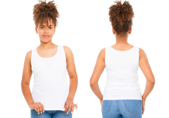 Shirts set. Summer t shirt design and close up of young afro american woman in blank template white t-shirt. Mock up. Copy space. Curly hair. front and back view.