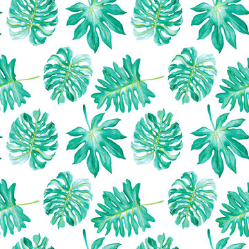 Hand-painted watercolor pattern. Exotic tropical leaves © aksinyalady