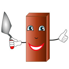 Cheerful cartoon and smiling brick holds a trowel in his hand.
