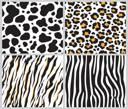 animal skin seamless pattern set, vector illustration Background with african animals pattern Cute hand drawn doodle cards, wild animal tiger, zebra, giraffe, cheetah
