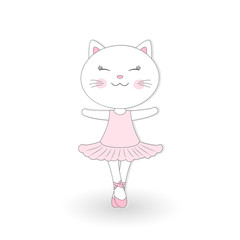 Cute dancing cat in a pink dress on white background.