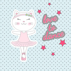 Cute dancing cat in a pink dress on blue background.