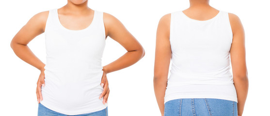 Shirts set. Summer t shirt design and close up of young afro american woman in blank template white t-shirt. Mock up. Copy space. Curly hair. front and back view. Cropped image