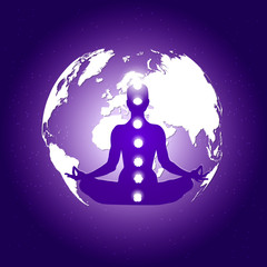 Human body in yoga lotus asana and seven chakras symbols on dark blue space with planet Earth and stars background