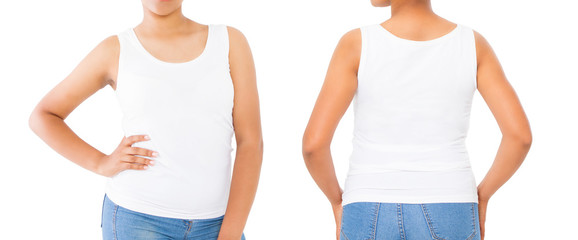 Shirts set. Summer t shirt design and close up of young afro american woman in blank template white t-shirt. Mock up. Copy space. Curly hair. front and back view. Cropped image