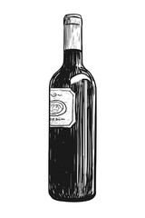 Bottle of wine vintage hand drawn etching sketch isolated on white background. Vector illustration.