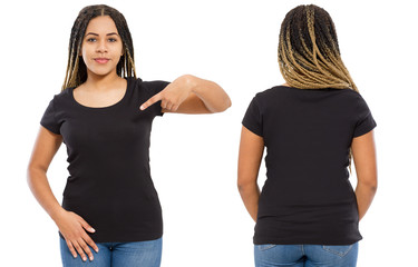 Black shirts set. Summer t shirt design and close up of young afro american woman in blank template...