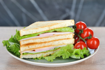 Sandwich with cheese and ham on a plate. Salad leaves and cherry tomato branch in a plate. Light background. Close-up. Macro shooting.