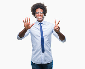 Afro american business man wearing glasses over isolated background showing and pointing up with fingers number seven while smiling confident and happy.