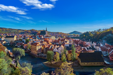 Aerial view over historic centre of Chesky Krumlov old town in the South Bohemian Region of the Czech Republic on Vltava River. UNESCO World Heritage Site - 247423378