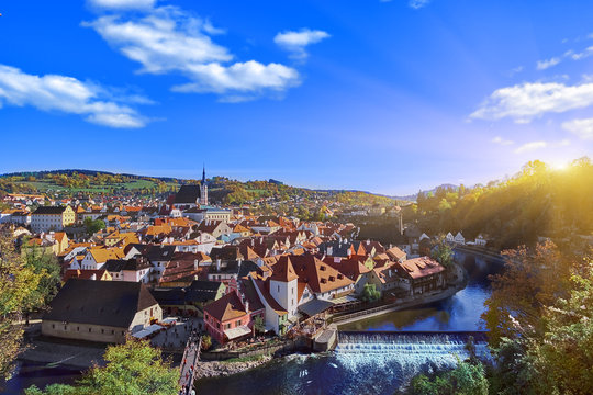 Beautiful sunset over historic centre of Chesky Krumlov old town in the South Bohemian Region of the Czech Republic on Vltava River. UNESCO World Heritage Site
