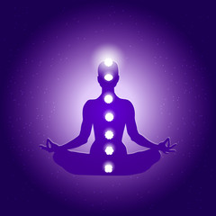 Human body in yoga lotus asana and seven chakras symbols on dark blue purple starry background