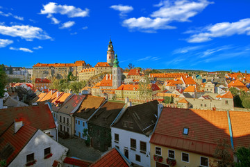 Fototapeta na wymiar Aerial view over historic centre of Chesky Krumlov old town in the South Bohemian Region of the Czech Republic on Vltava River. UNESCO World Heritage Site