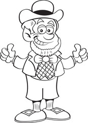 Black and white illustration of a happy leprechaun giving thumbs up.