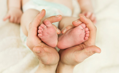 hand holding newborn baby feet in hear shape. Macro photo of adorable little boy toes with plush lining cozy blanket background